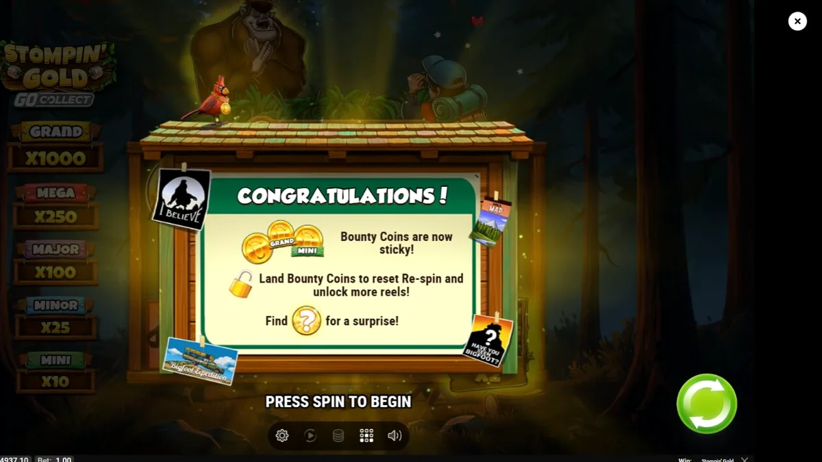 Tampilan visual slot Stompin’ Gold GO Collect dengan karakter yeti dan elemen hutan